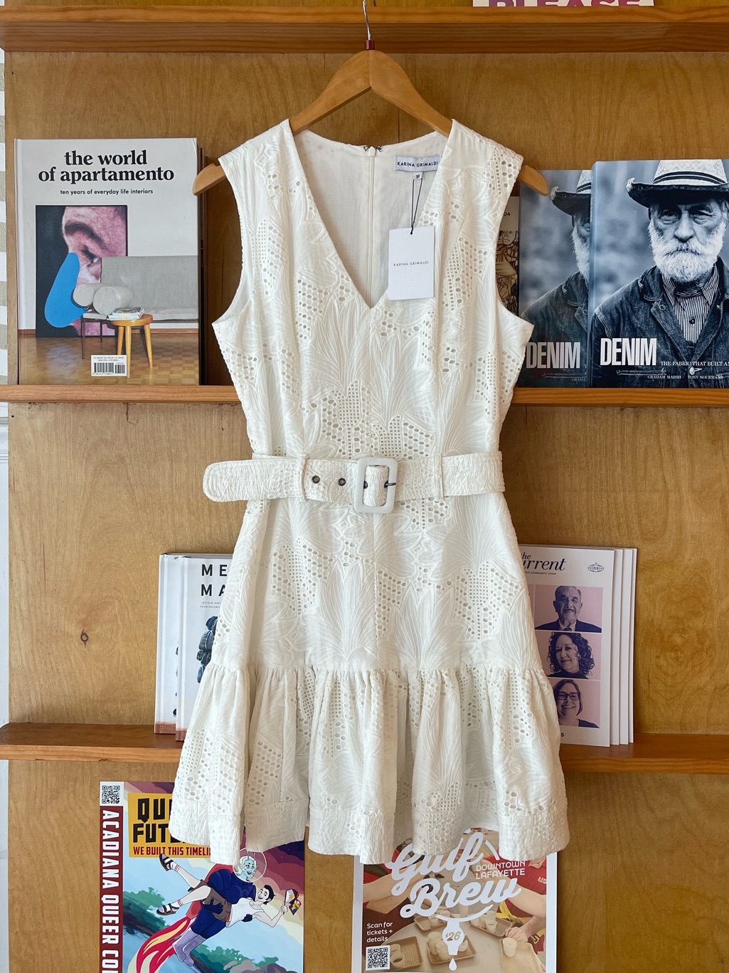 Karina Grimaldi Nwt White Eyelet V-Neck Belted Mini Dress Size M
